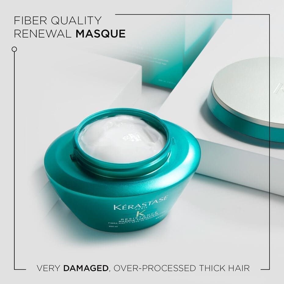 A container of kérastase hair renewal mask for very damaged, over-processed thick hair.