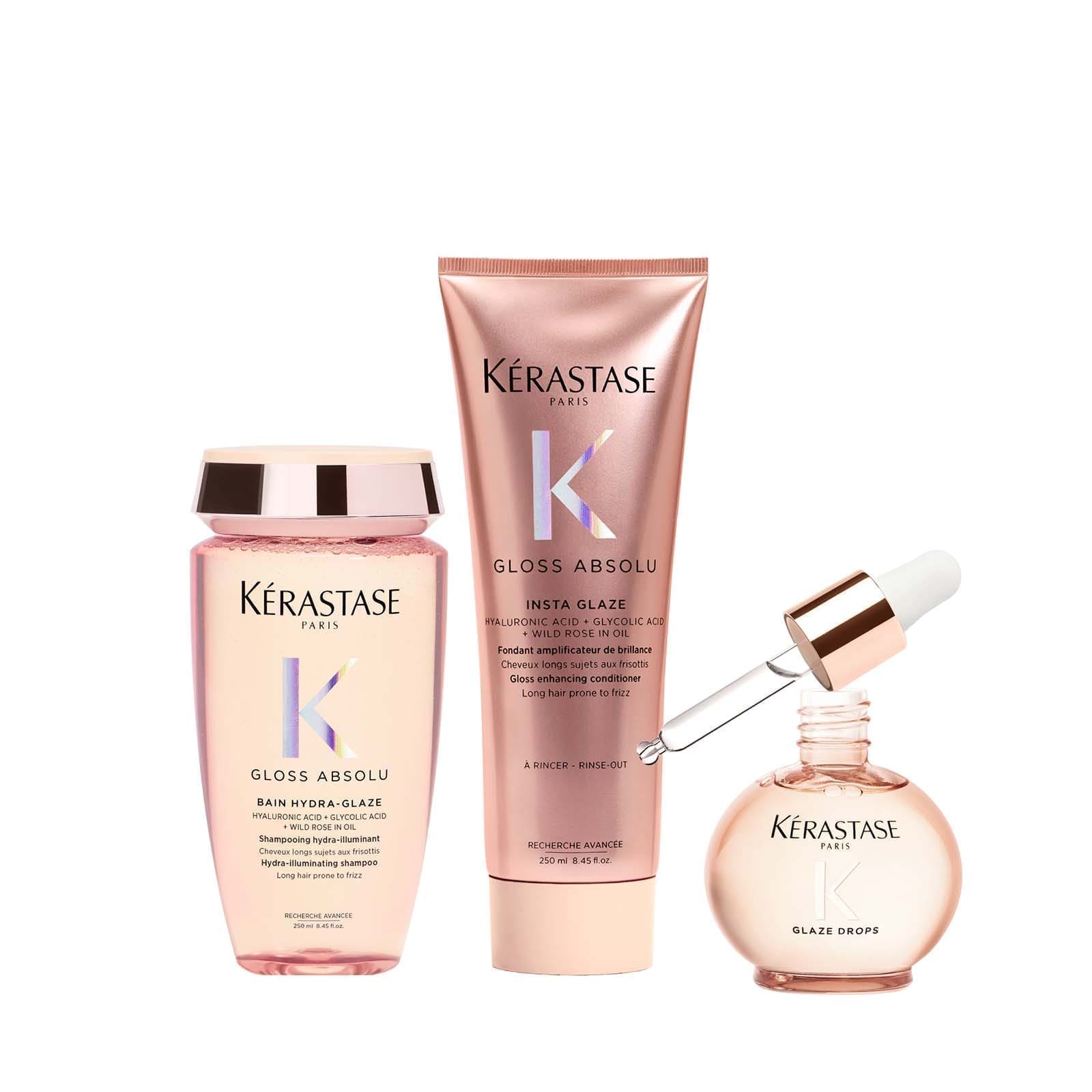 Kérastase Gloss Absolu Core Bundle product shot including shampoo, conditioner, and oil.