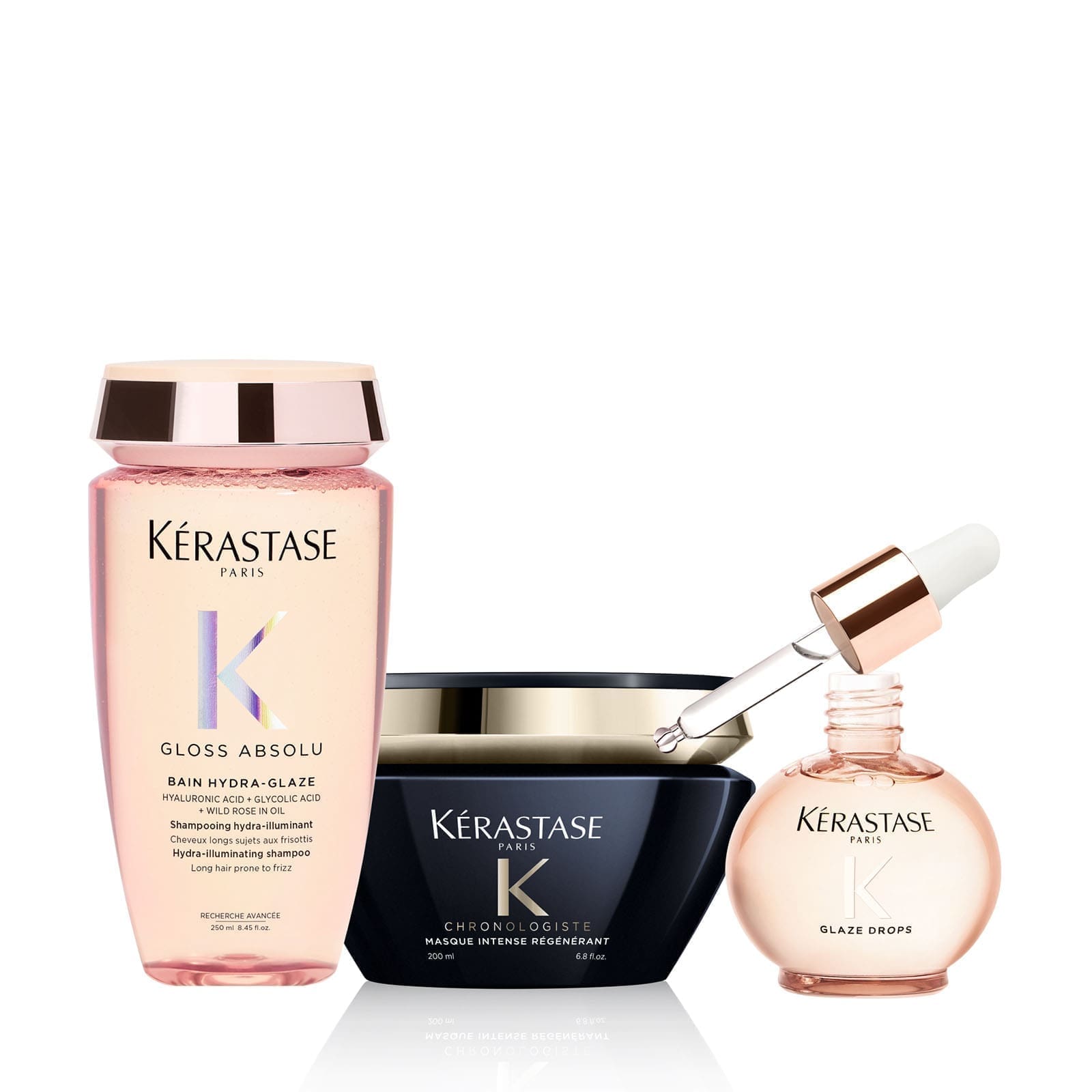 Kérastase Gloss Absolu bain hydra-glaze shampoo, Chronologiste Masque Intense and Gloss Absolu Glaze Drops product trio